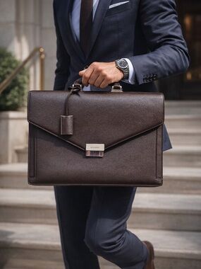 Authenic Burberry Brown Leather Briefcase Luxury Business Bag Laptop Case